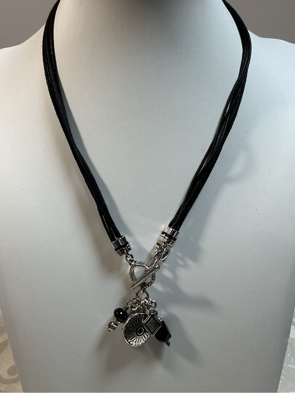 Brighton Vintage Multi Strand Black Cord Charm Silver Plated Tone Toggle Necklac